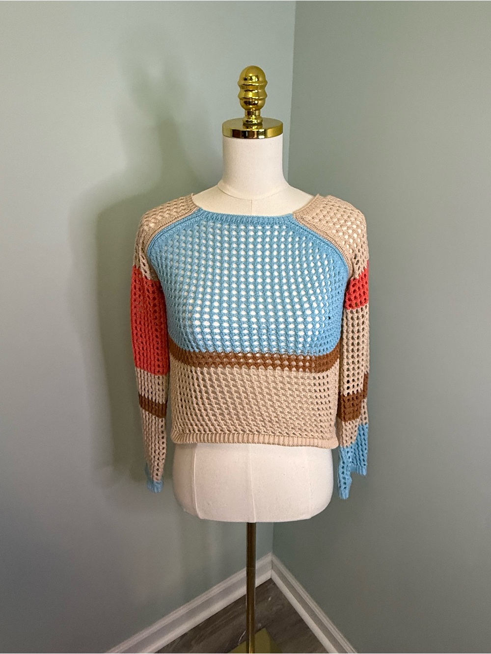 Poof New York Colorblock Open Knit Crochet Sweater‎ Cropped Breezy Boho M